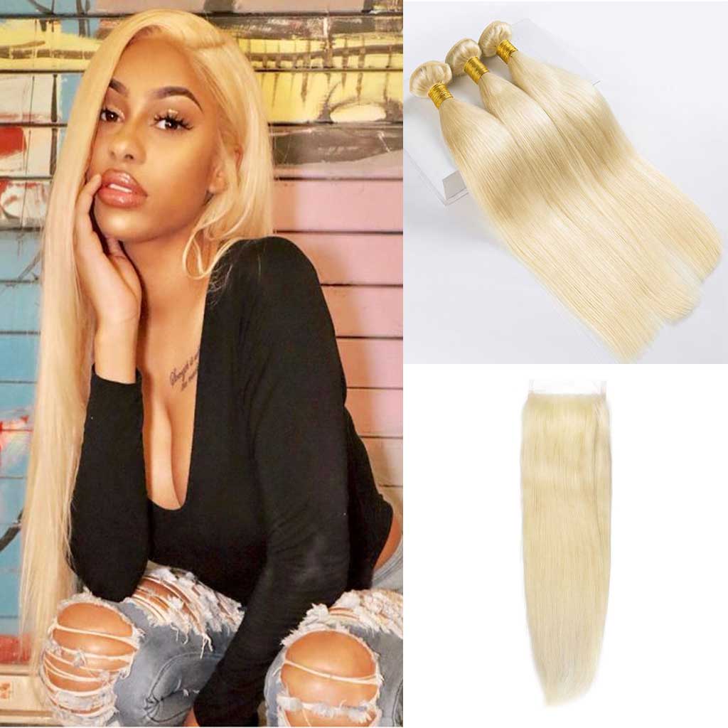 10a Brazilian Straight 613 Blonde Hair 3 Bundles With Lace Closure 6629