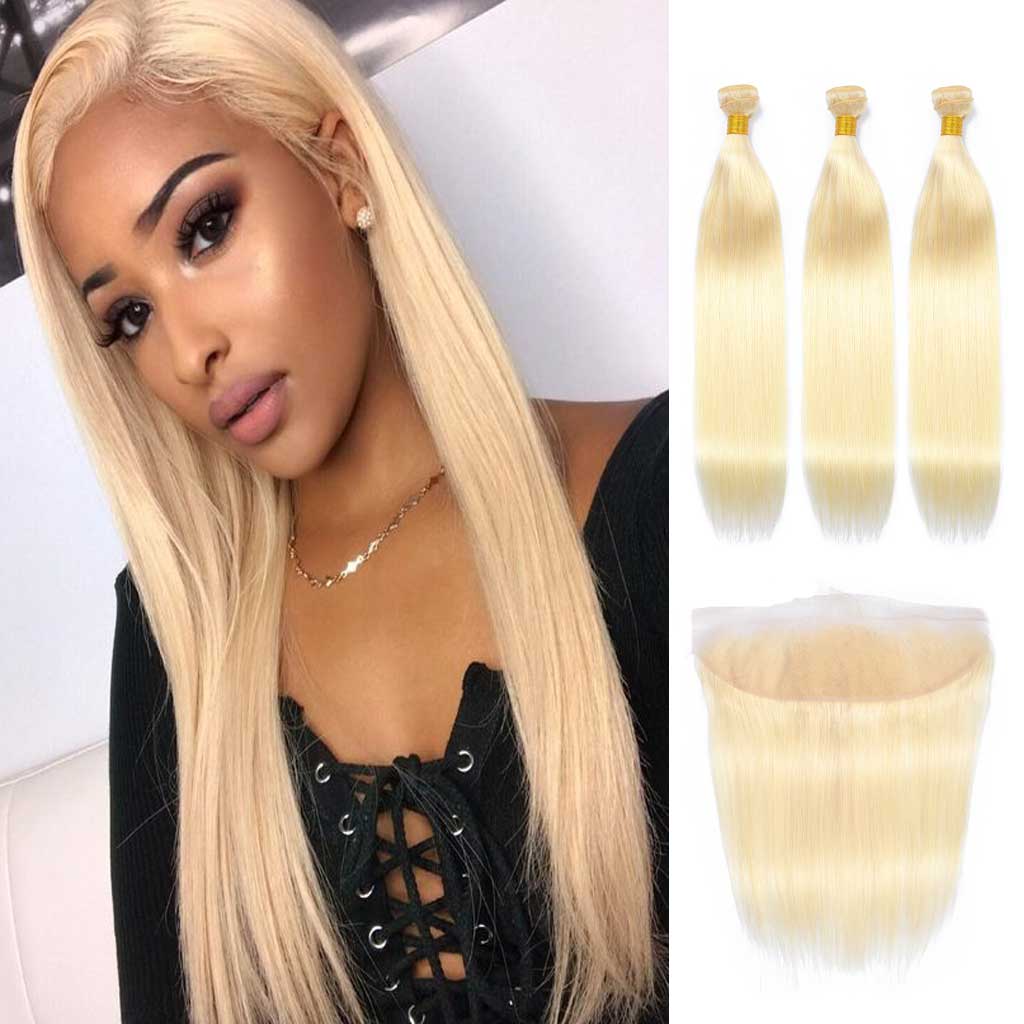 Brazilian Straight 613 Blonde Human Hair 3 Bundles With Lace Frontal Bombtress 