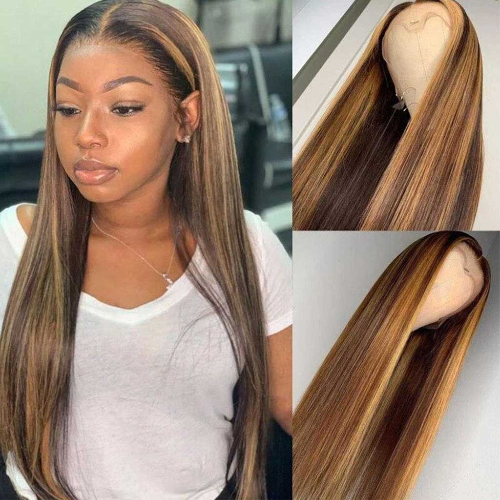 Honey Blonde Highlight Wig Color 427 Straight 13x4 Lace Frontal Wig Bombtress 