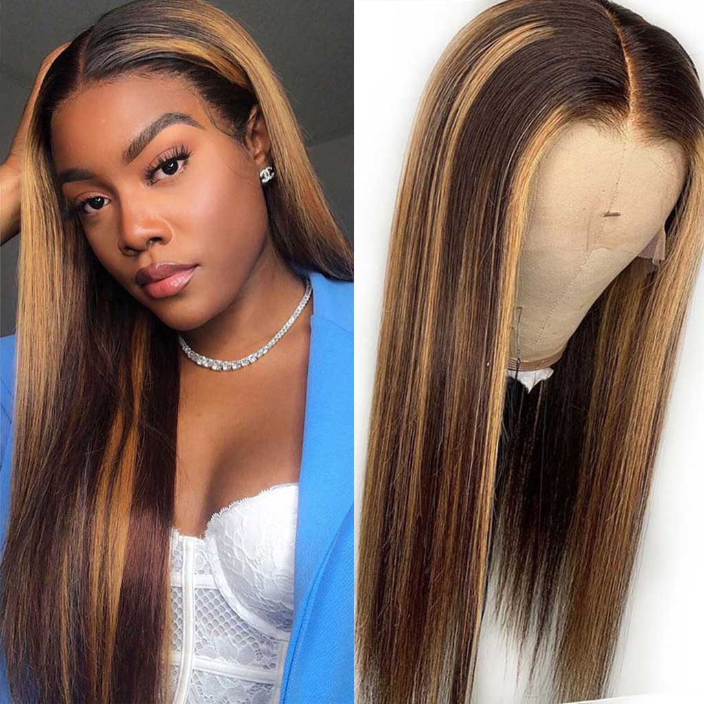 Honey Blonde Highlight Wig Color 427 Straight 13x4 Lace Frontal Wig Bombtress