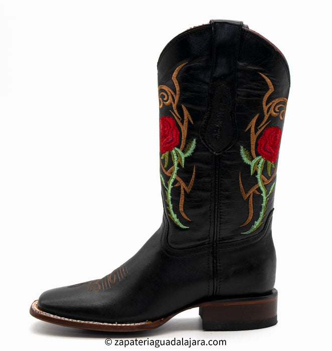 Q322R6205 WIDE SQUARE RED ROSES BLACK Genuine Leather Boots and Hats — Zapateria Guadalajara