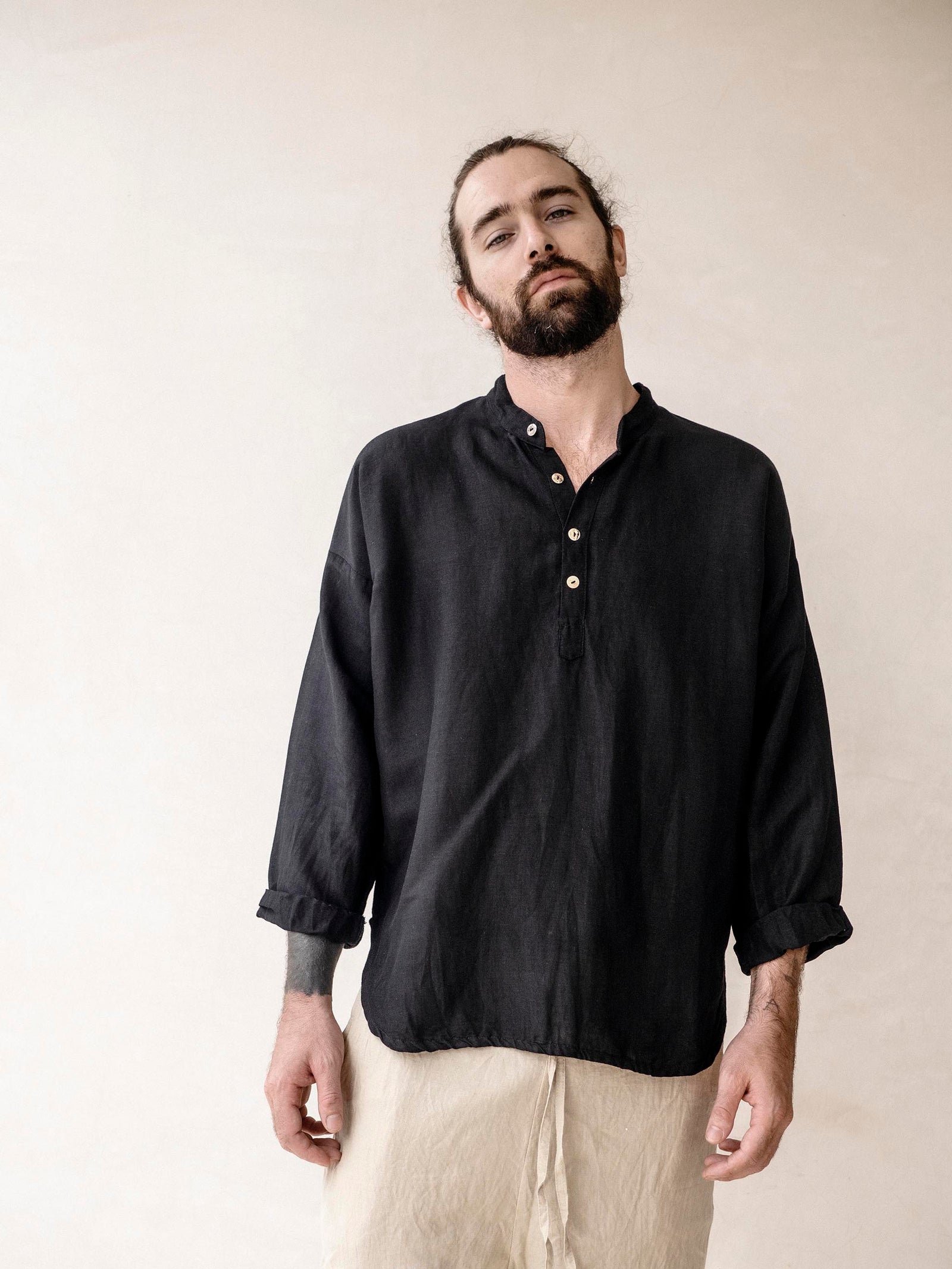 Men's Linen Mandarin Collar Shirt, long sleeves︱ - In the Middle Tulum