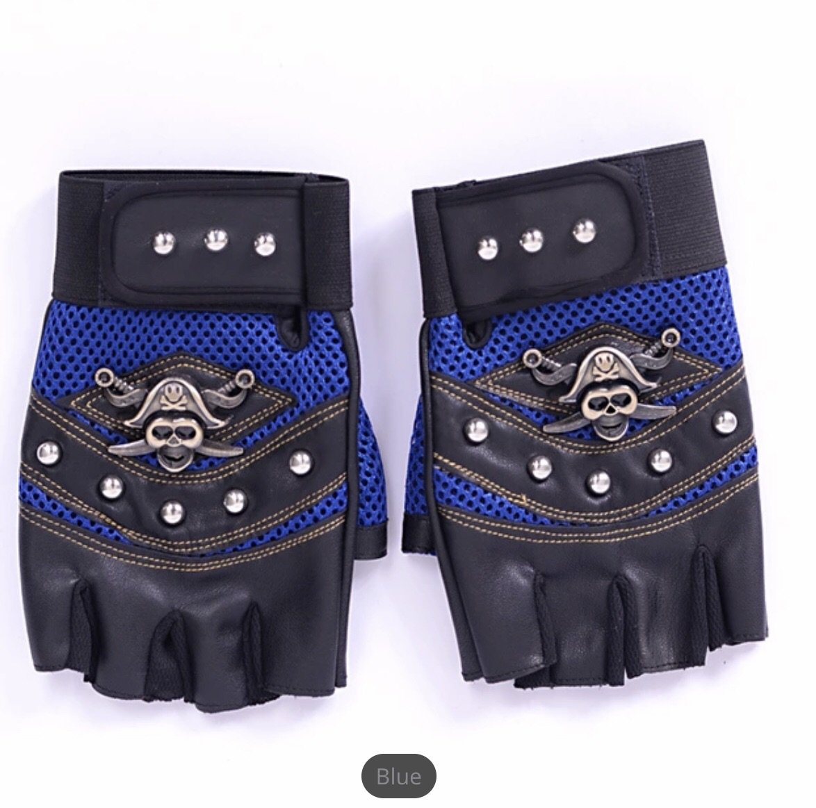 blue leather fingerless gloves