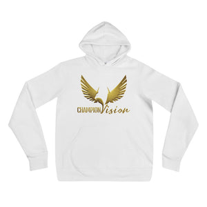 white champion hoodie with gold logo