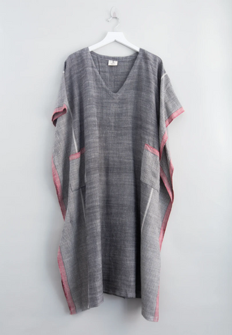 Tribeca-Kaftan_dress_v-neck_pockets_grey_stripe_red_cotton_Turkish