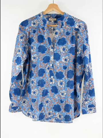 blue_tan_white_floral_popover_long-sleeve_top