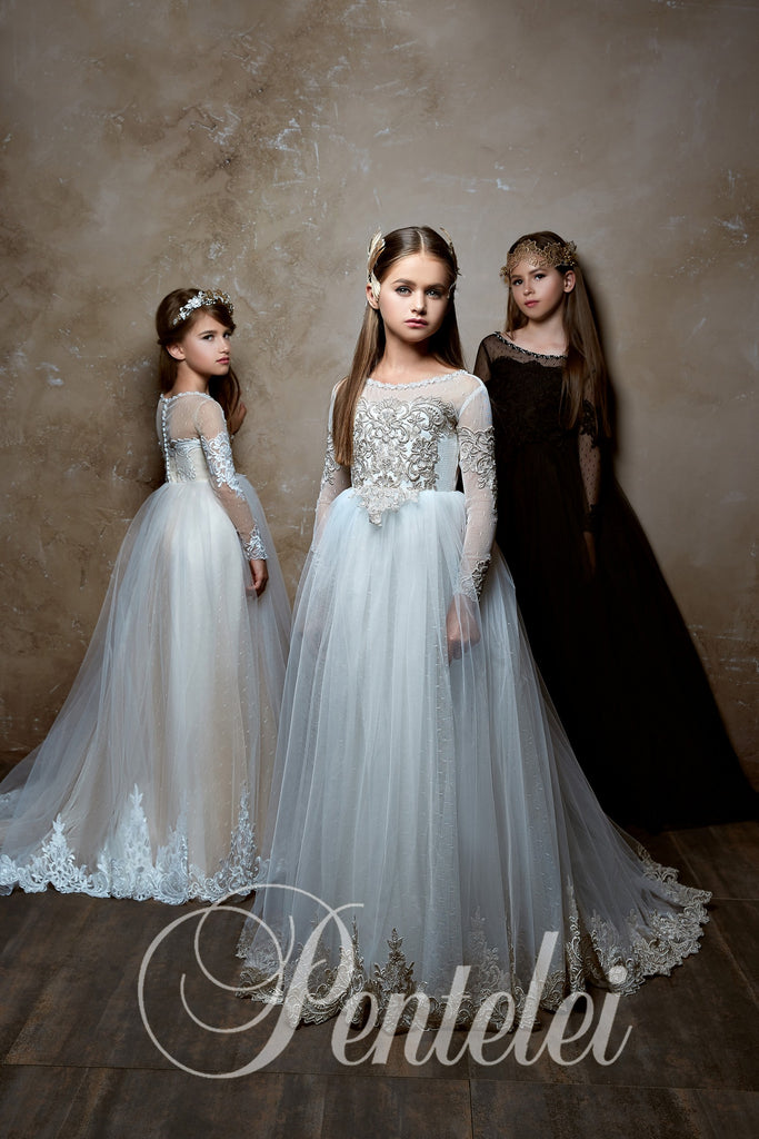 Chic Long Sleeve Lace Appliques Communion Flower Girl Gown 2358