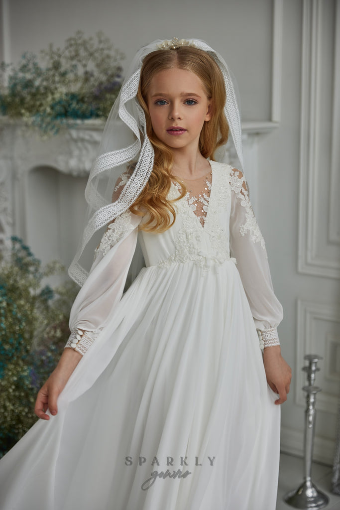 Modest Long Sleeves Empire Silhouette First Communion Dress Celestial Sparkly Gowns