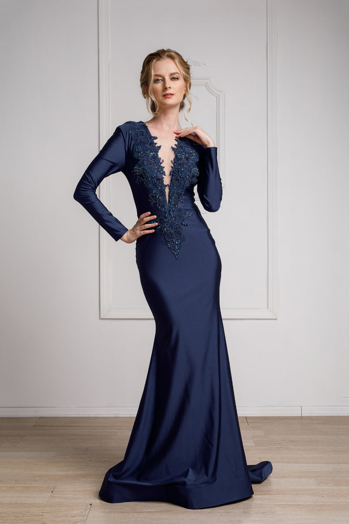 navy evening gowns with sleeves