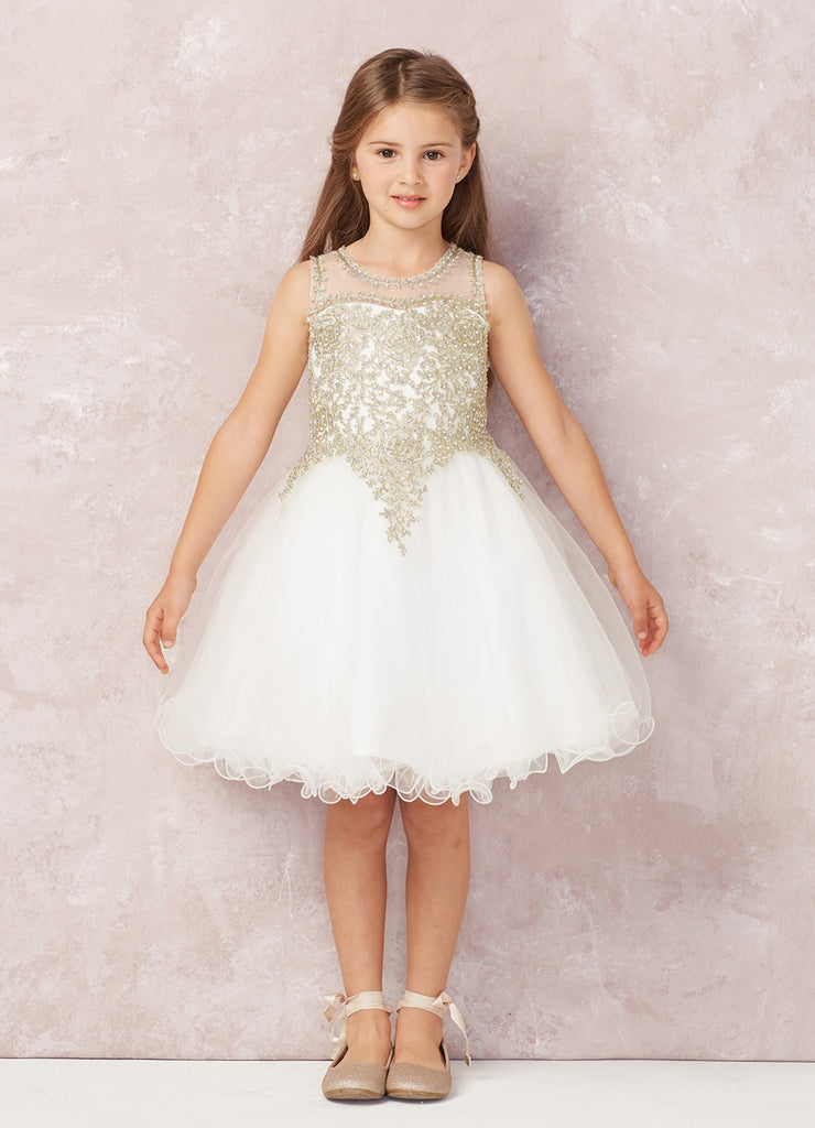 Short Flower Girl Dress with Gold Lace 