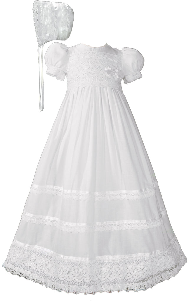 Girls Cotton Short Sleeve Dress Christening Baptism Gown with Lace and Ribbon