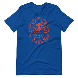 Royal Blue short sleeve t-shirt with centered skull and cross bones, with small additional artistic accents, surrounded in a circular pattern with "Fortune Favors the Brave". All lettering and imagining is in Red.