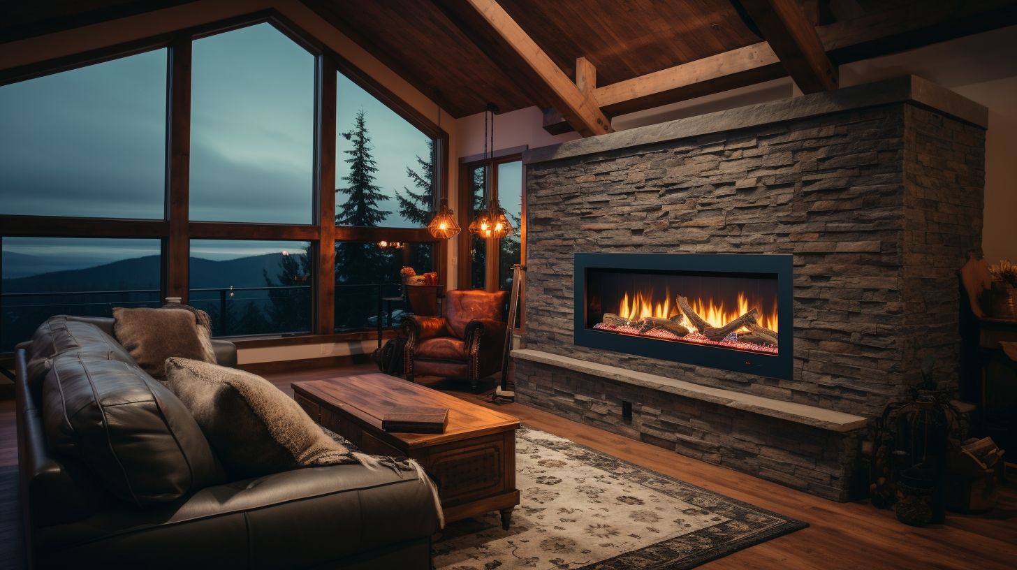 A fireplace blower in a cozy living room with a roaring fire.