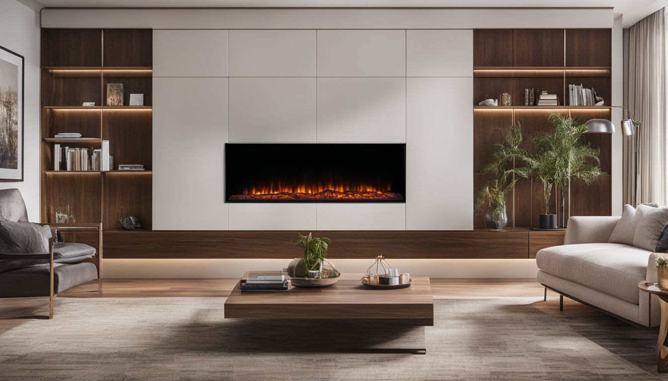 A custom-built wooden cabinet surrounding an electric fireplace in a home interior.