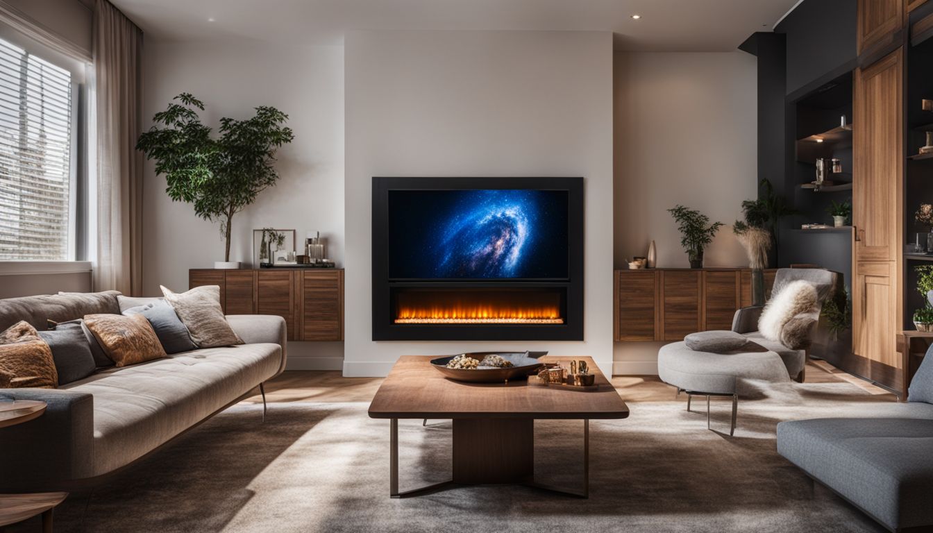 A cozy living room with a glowing electric fireplace.