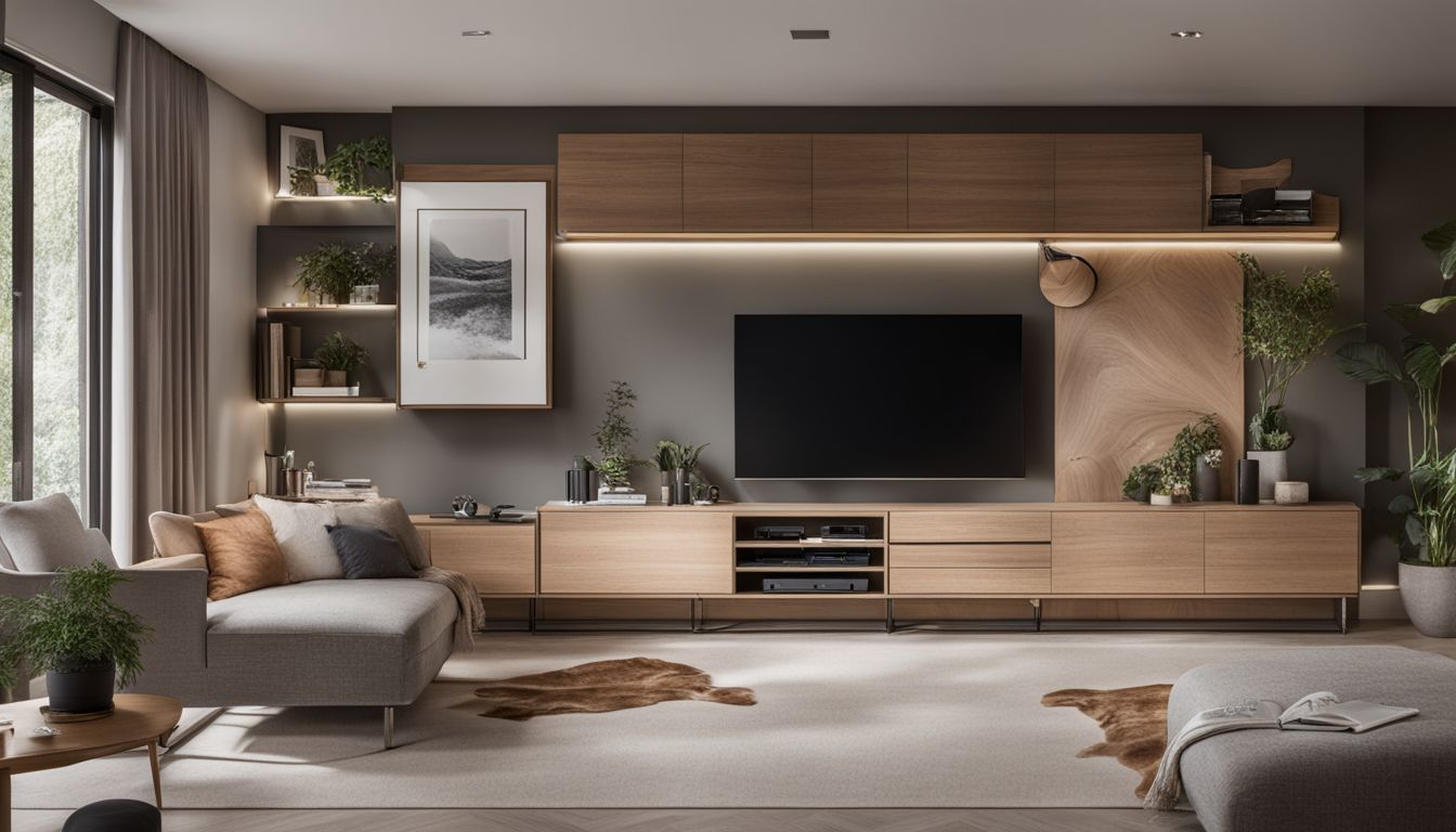 A modern TV stand in a neatly organized living room setting.