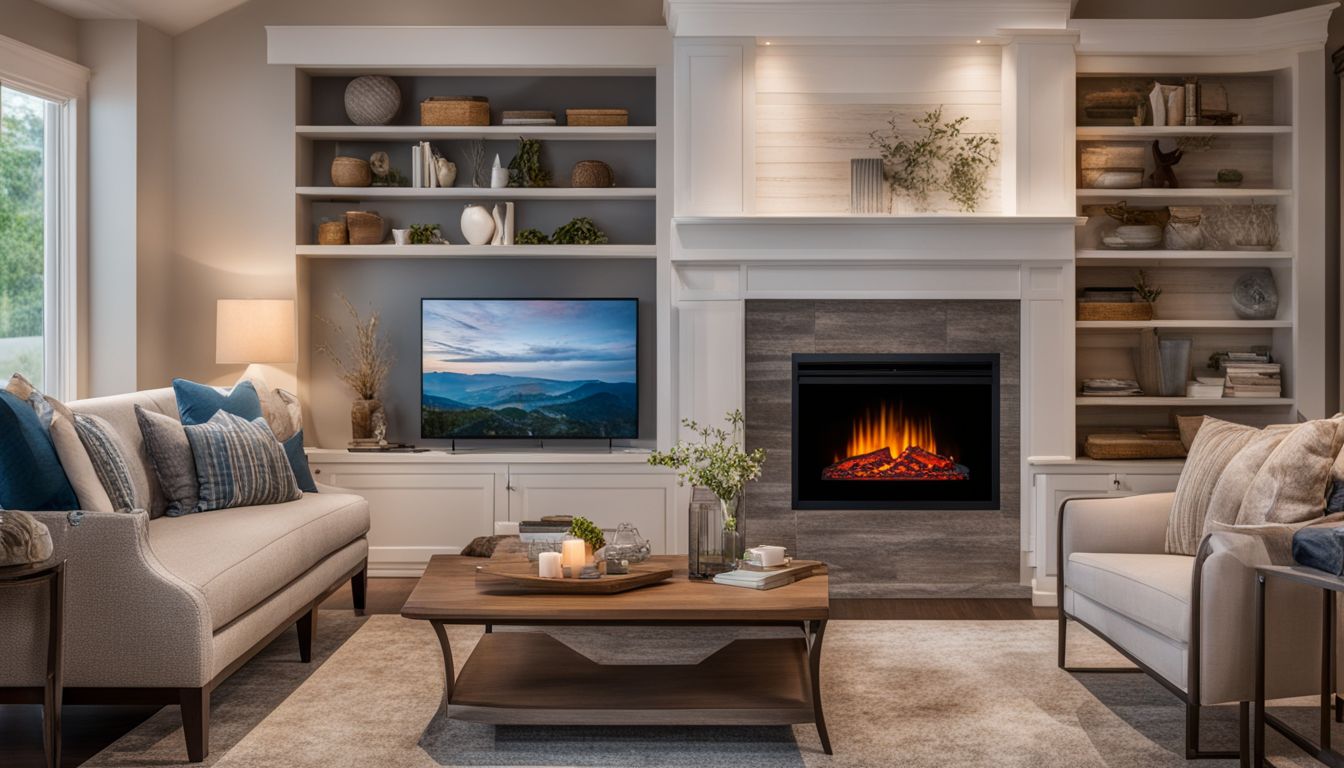 A modern electric fireplace with a blinking alert light in a cozy living room setting.