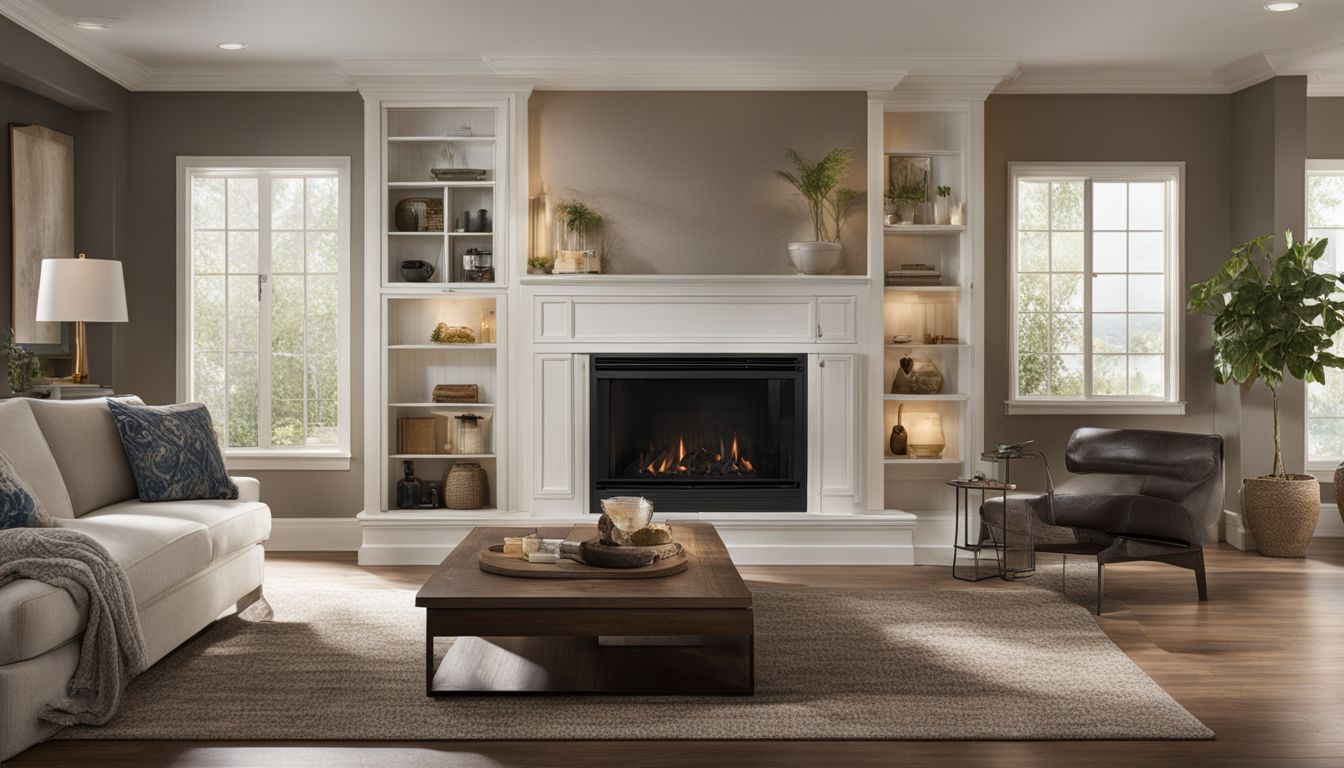 A photo of a Classic Flame 42 fireplace surrounded by energy-efficient appliances.