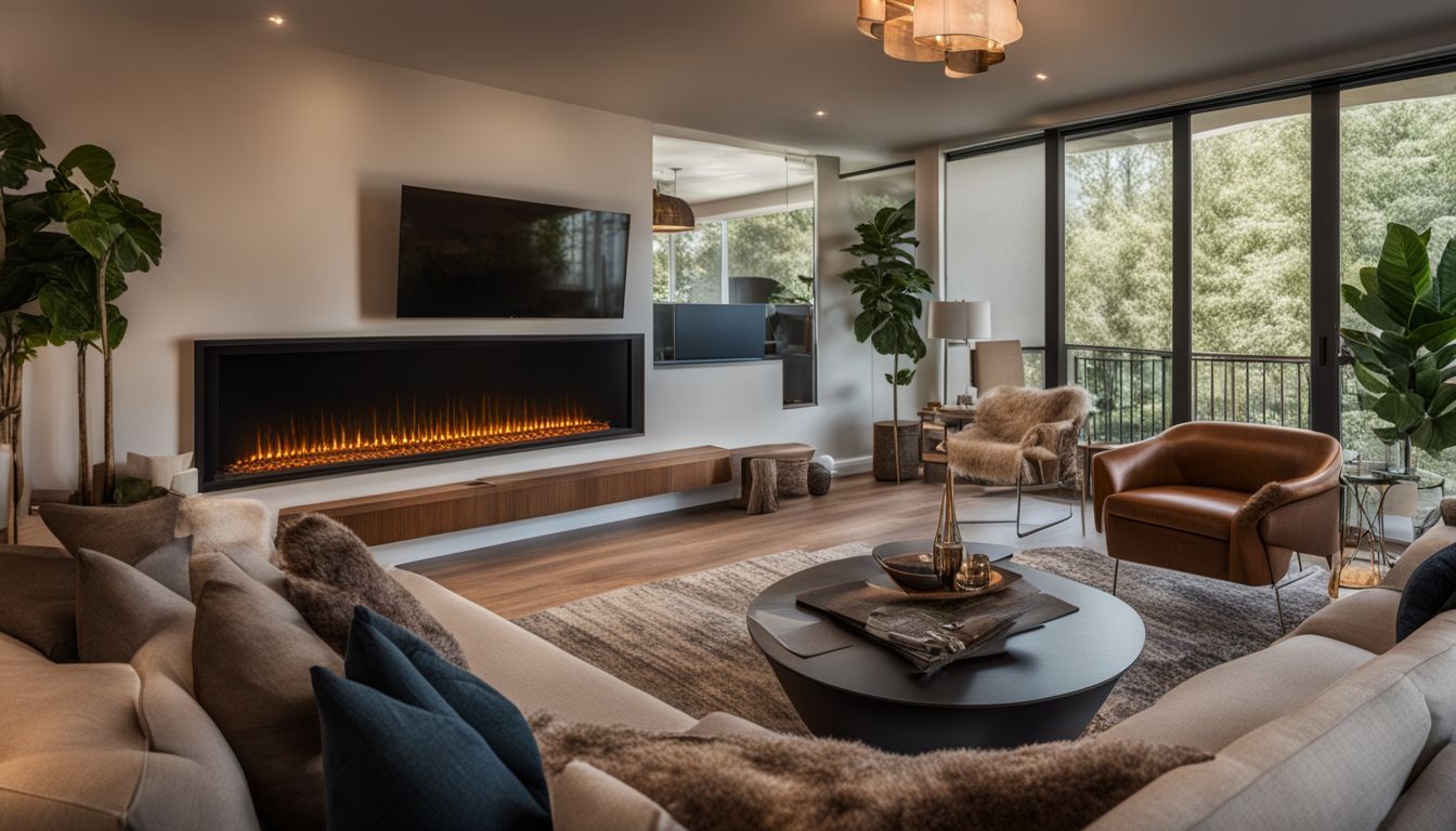 A cozy living room with an electric fireplace and stylish decor.