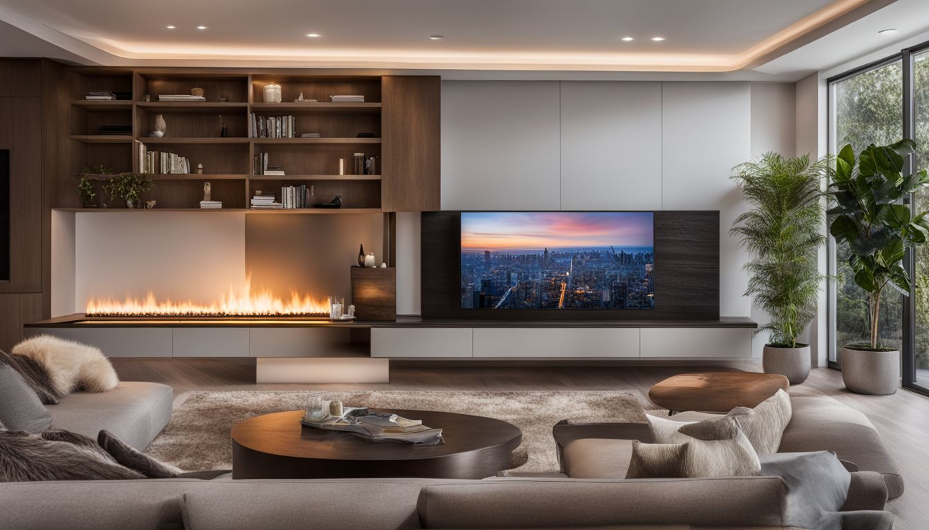 A wall-mounted electric fireplace in a spacious living room.