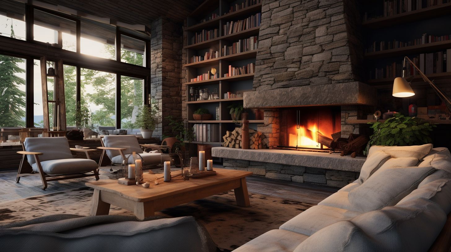 Furniture arranged around a fireplace with dancing flames creates a cozy setting.