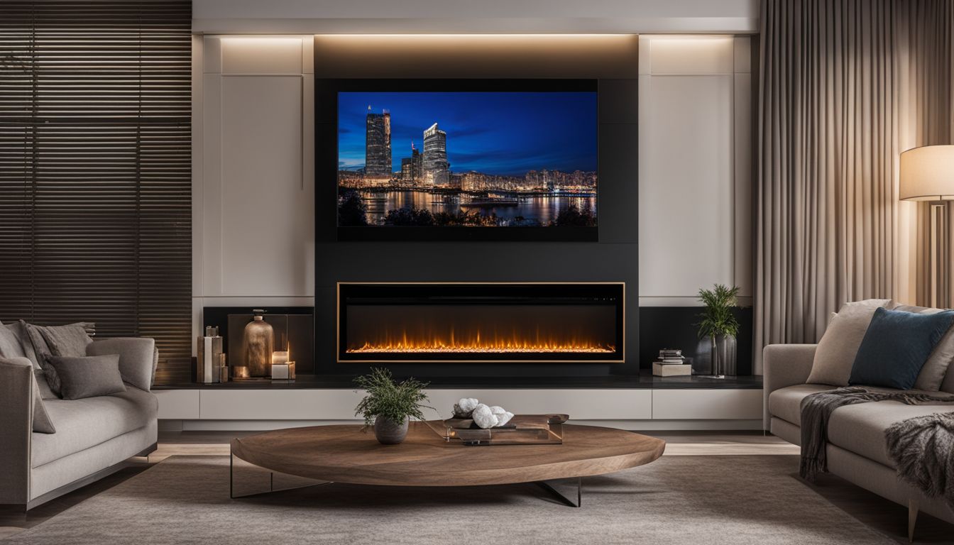 A modern living room with a large electric fireplace and TV.