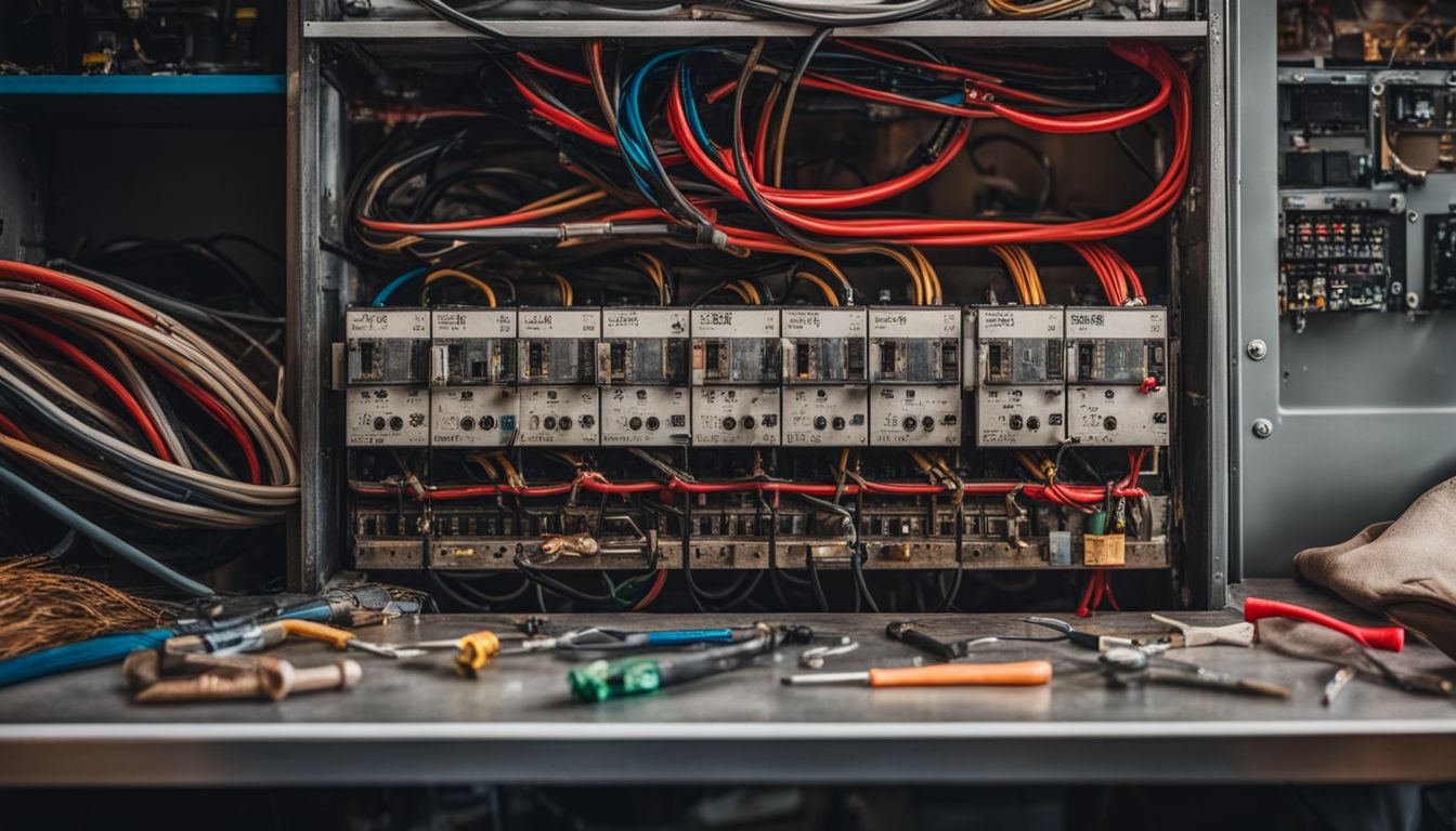 A photo of an open electrical panel surrounded by tools and wiring.