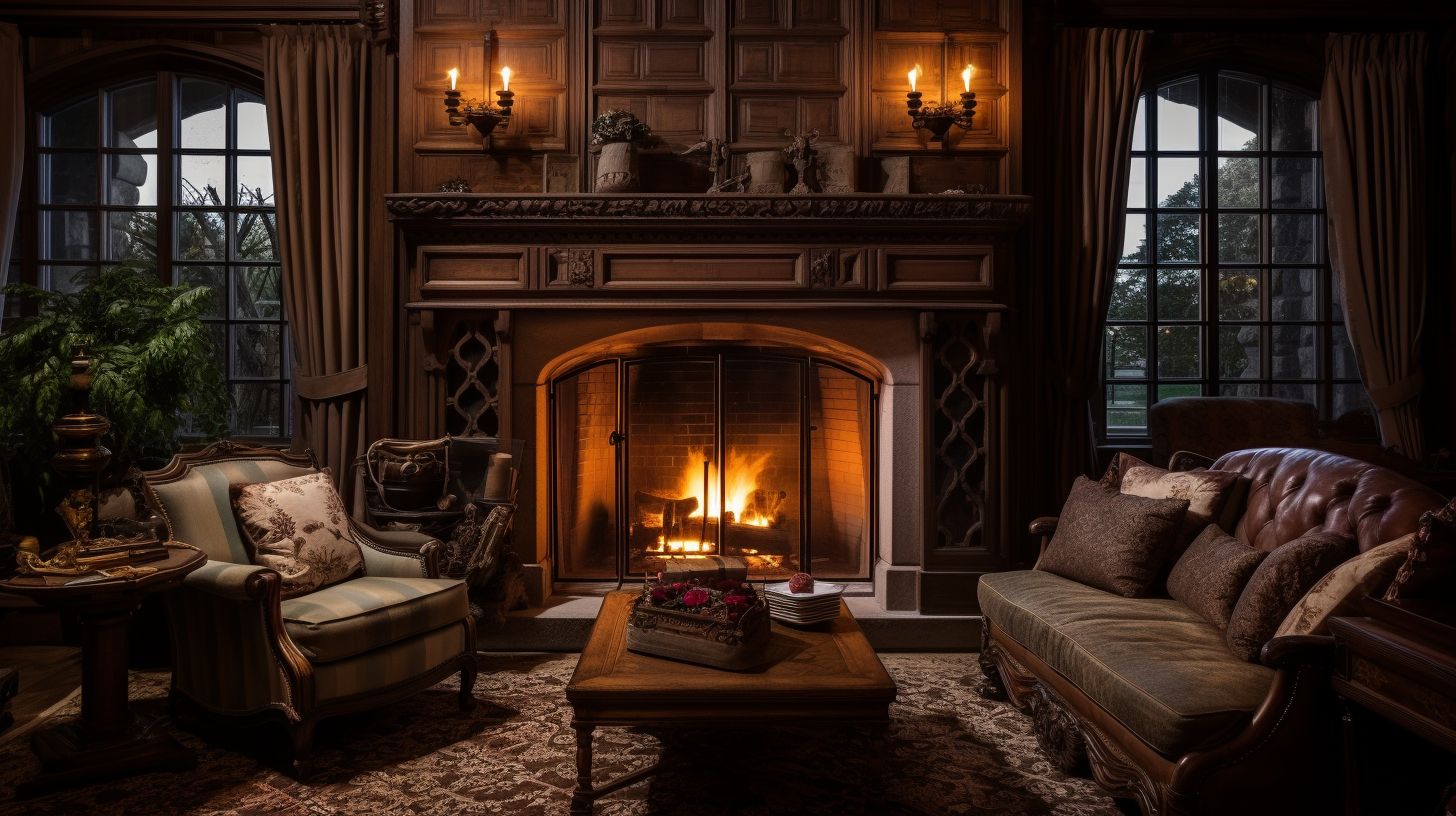 An elaborately designed fireplace surrounded by comfortable furniture and warm lighting.