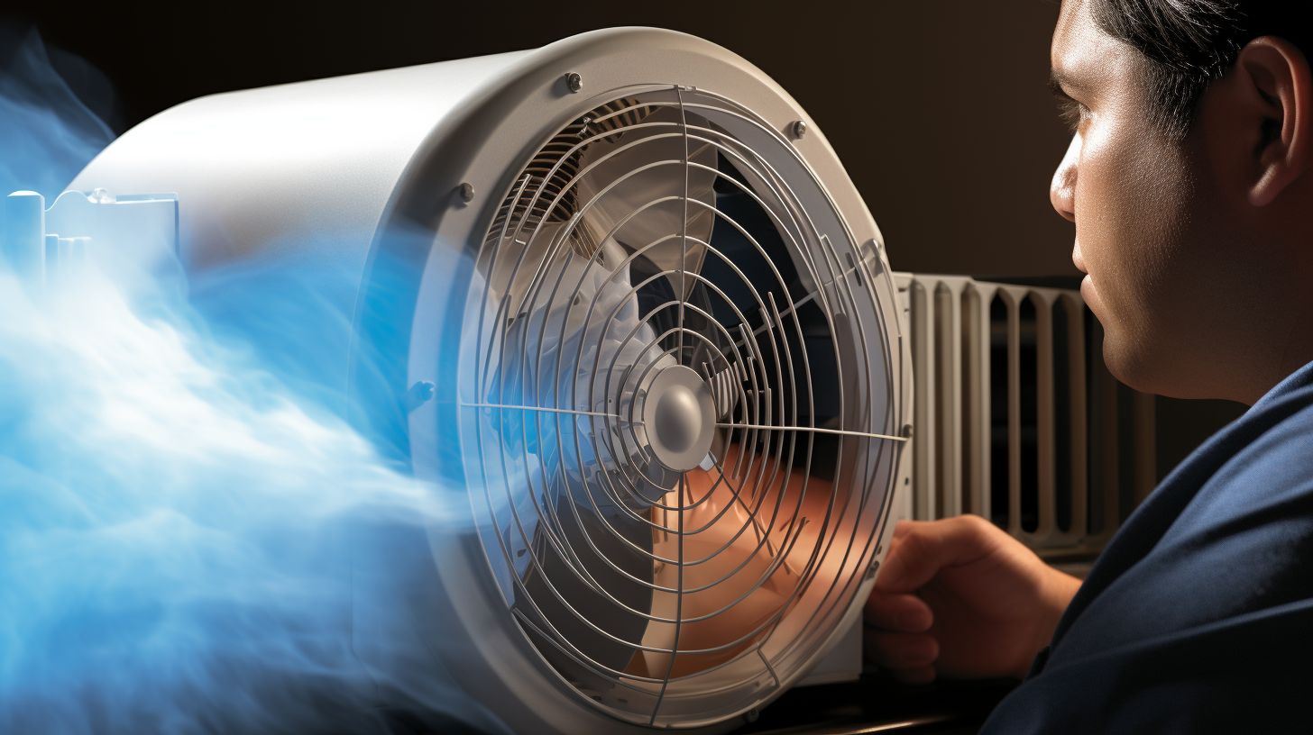A close-up image shows the airflow and heat transfer process of a fireplace blower fan.