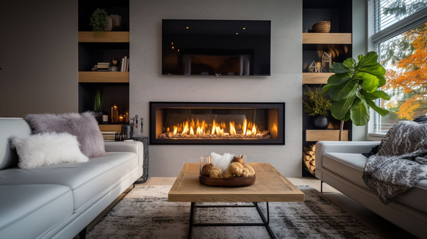 A modern fireplace surrounded by cozy living room decor.