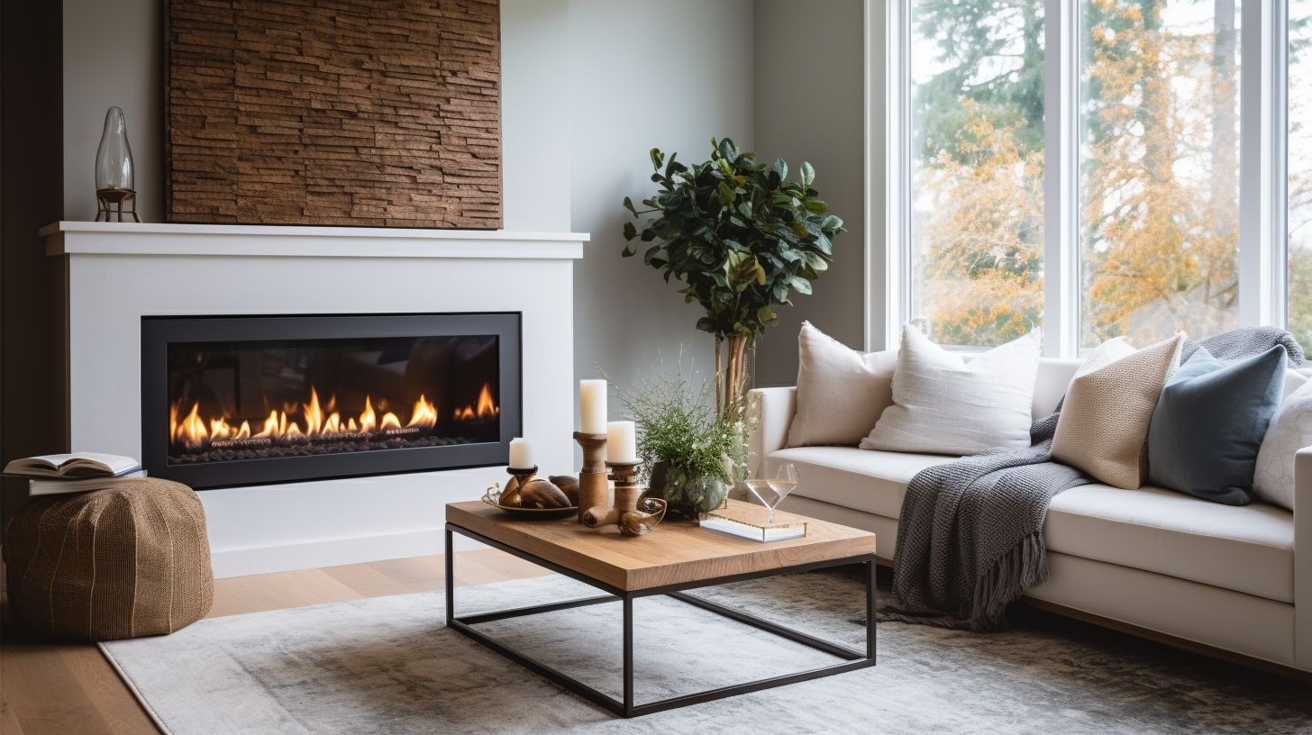 A contemporary fireplace with a blower, surrounded by cozy living room decor.
