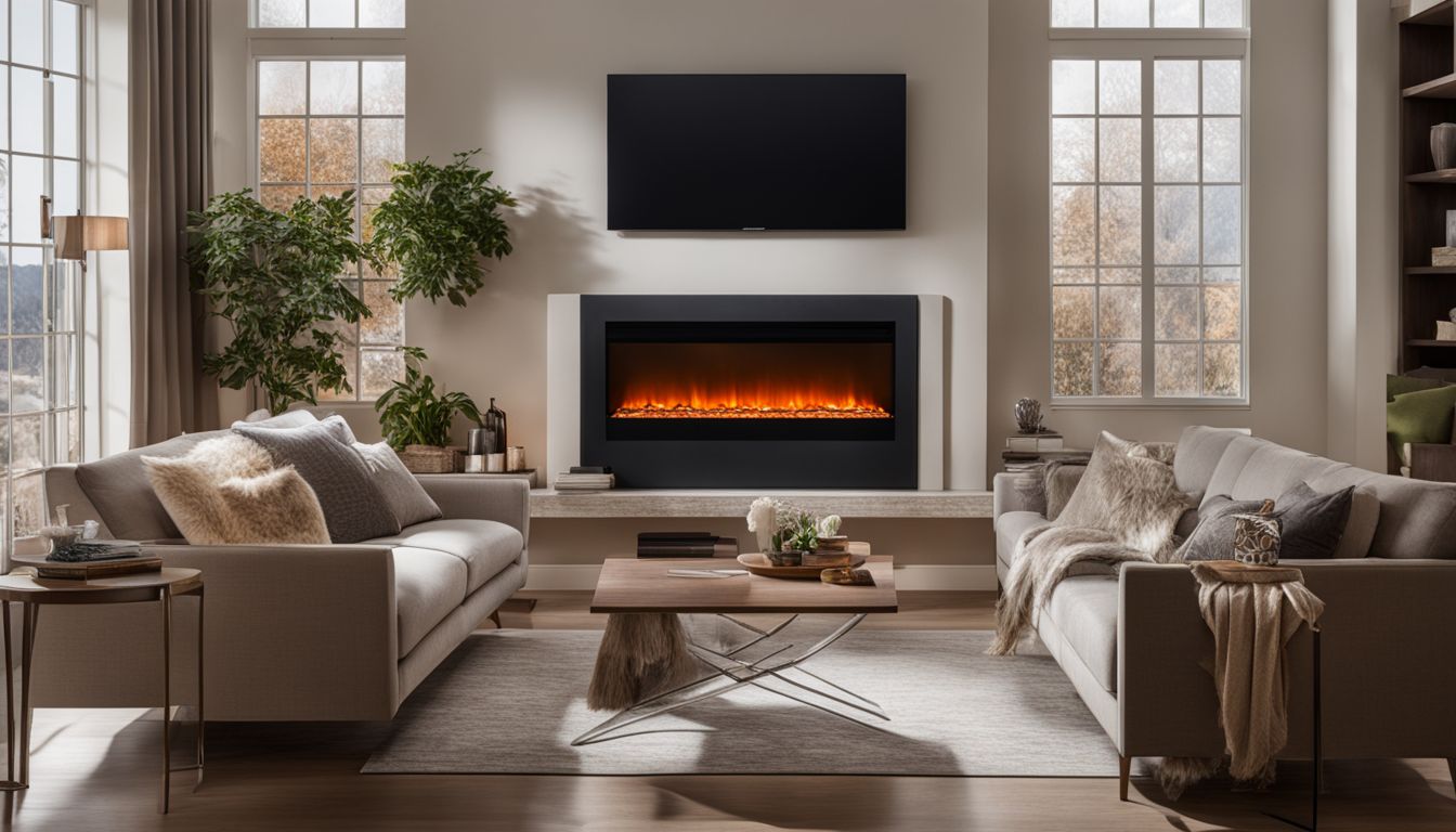 A cozy living room with a glowing electric fireplace insert.