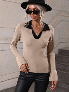 Two-Tone Johnny Collar Knit Pullover