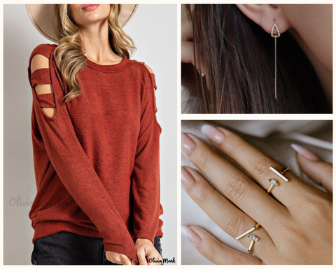 coldshoulder-sweater-with-earrings-and-stackable-rings