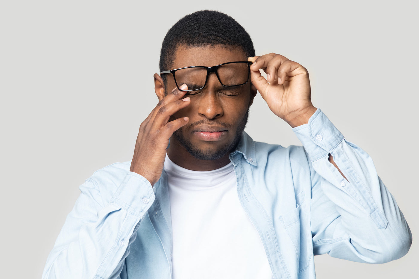 Stressed up. African American Black man with Glass headshot.