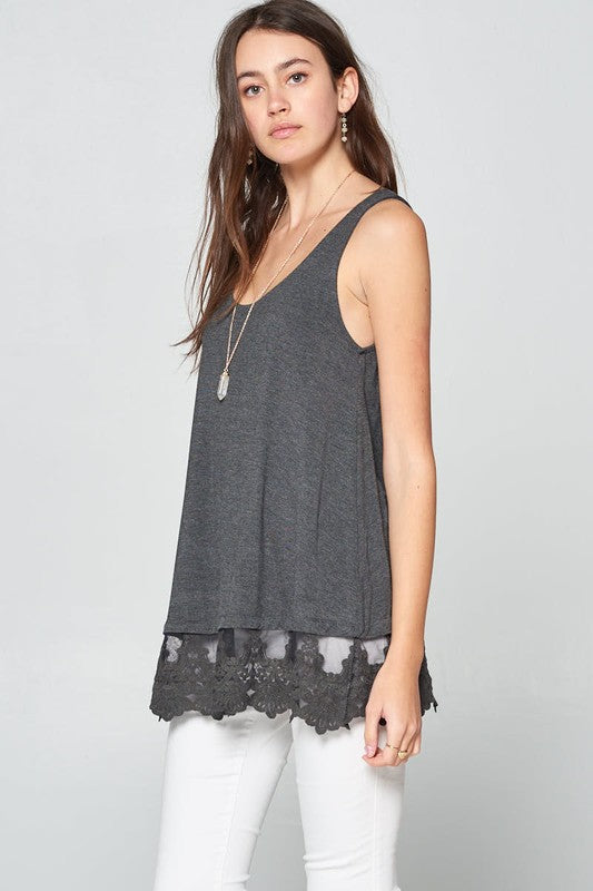 Sleeveless Lace Tunic Tank Top Charcoal - Southern Fashion