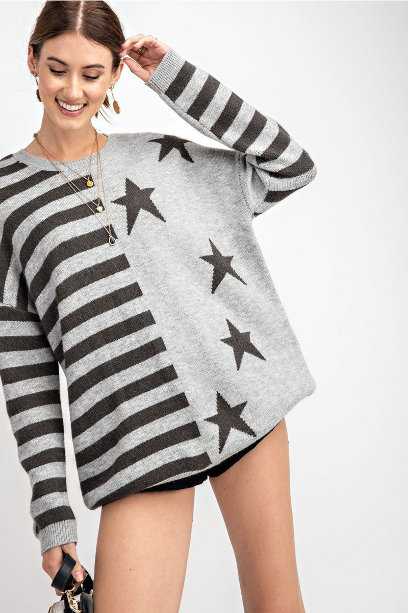 American Flag Theme Knitted Sweater Top Grey - Southern Fashion Boutique Bliss