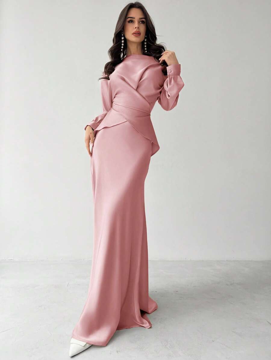 Firerie Women's Elegant Apricot Satin Asymmetrical Hem Satin Skirt