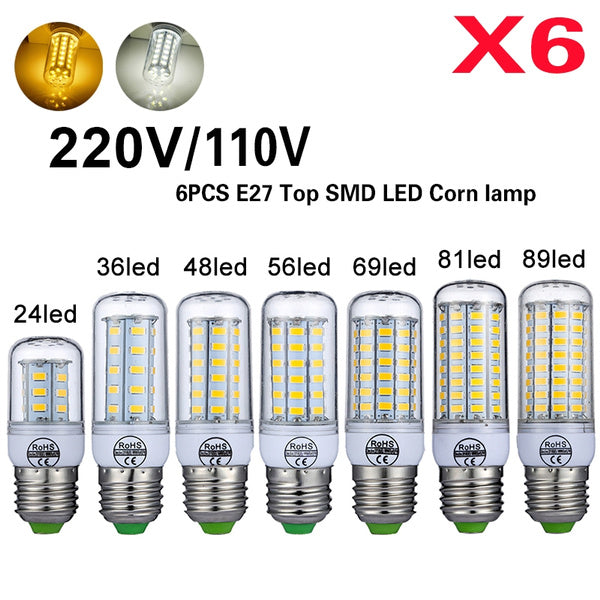

6PCS 110V/220v Mini LED Lamp E27 SMD5730 LED Corn Light Lampada LED Bulb High Lumen 24/36/48/56/69LEDs Chandelier Lights (6PCS 220V 56LEDs / warm white)
