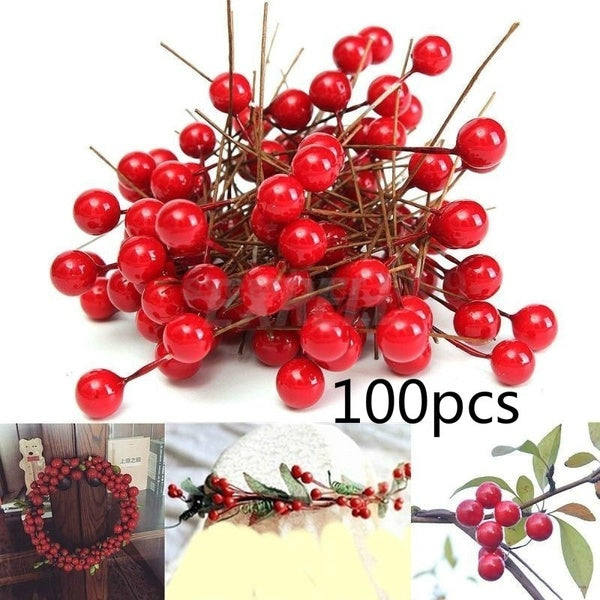 

100Pcs 8Mm Artificial Red Holly Berry Xmas Tree Hanging Decor Ornat (silver)