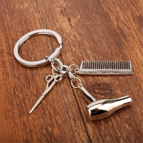 

Stylist Hair Dryer/Scissor/Comb Dangle Pendant Keychain Silver Hair Dresser Cosmetologist Key Ring Jewelry Gift (gold)