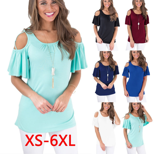 

Women's Fashion Summer Solid Color O-neck Strappy Cold Shoulder Shirt Casual Short Sleeve Pleated Blouse Loose Cotton Basic Tops Plus Size XS-5XL (L / lightblue)