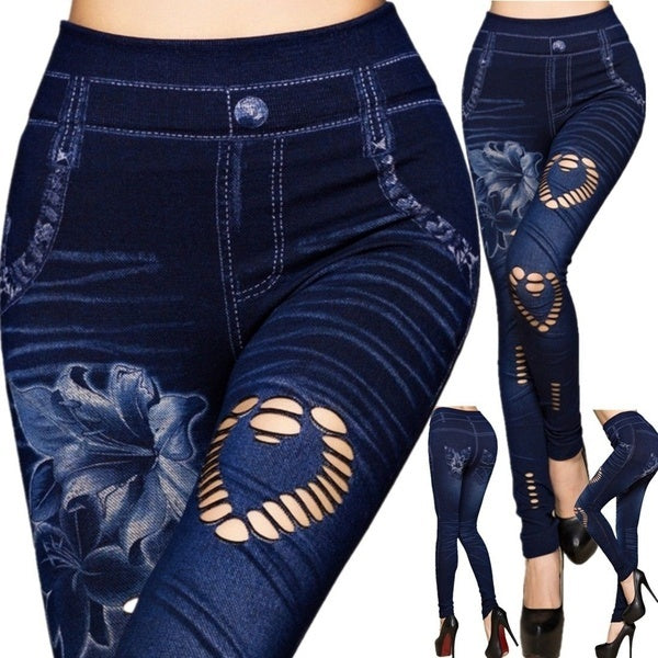 

1Pair/2Pairs Sexy Women Fashion Denim Like Faux Jeans Slim Fit Leggings Pants Denim Pants Elastic Pants Leggings (10 Pairs - S / blue)