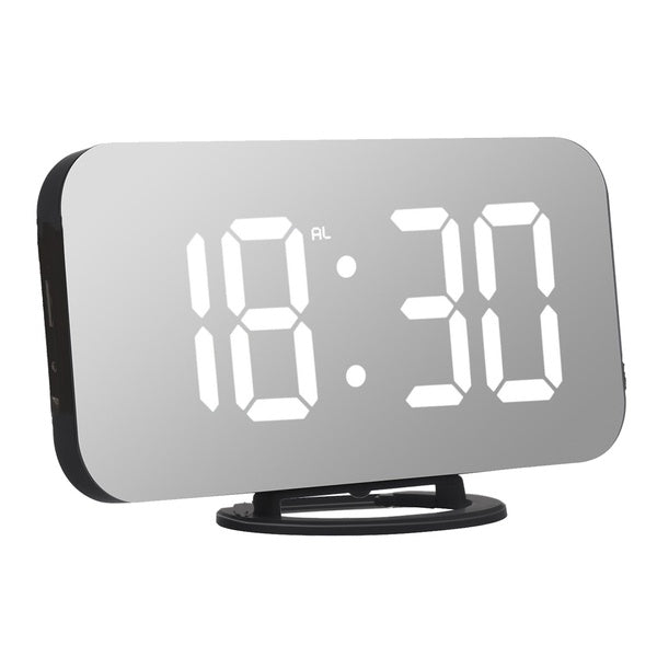 

Alarm Clock Digital Clock with Large 7.3*3" Easy-Read LED Display Diming Mode Easy Snooze Function Mirror Surface Dual USB Charger Ports (Black with Blue Word)
