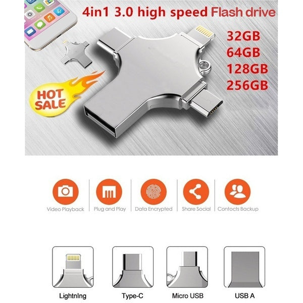 

4in1 USB3.0 High Speed USB Disk USB Flash for iOS iPhone iPad Android 32GB 64GB 128GB 256GB OTG Flash Drive 4in1 USB Memory Storage Stick Pen Drive Mini USB Type-C (USB 3.0 64GB)