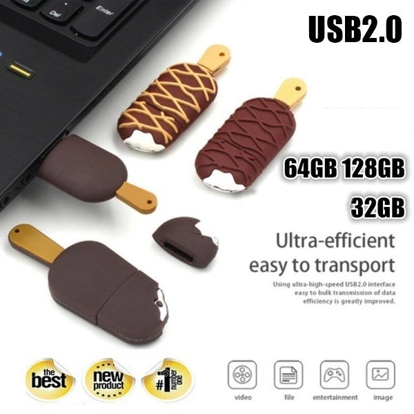 

USB2.0 Flash Drive Pendrive 32/64/128GB USB Stick Memory Drive Cartoon Ice Cream Flash Drive Cute Creative Gift (USB 2.0 128GB / brown & white)