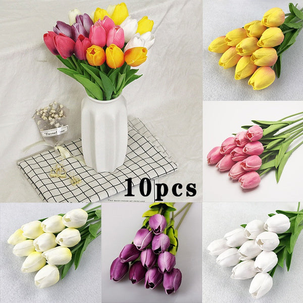 

10Pcs Real Flowers Latex Tulips Flower Artificial Bouquet Fake Flower Bridal Bouquet Decorate Flowers for Wedding PU Flower (10heads / lightpurple)