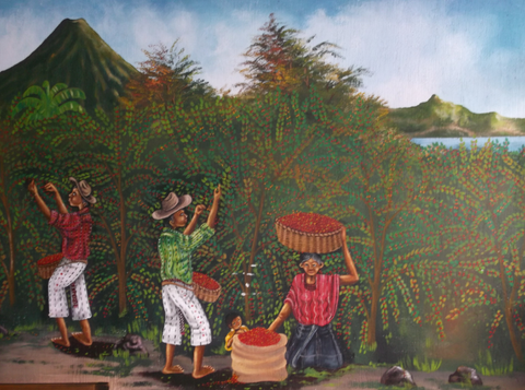 A mural in Guatemala of Mayans working in the coffee plantation.