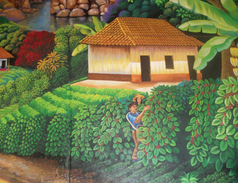 Elba found this mural of coffee pickers on the wall of a restaurant in Guatemala. 