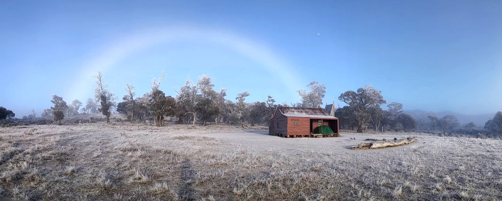 A frost rainbow over Pockets Hut and Mont Dragonfly Tent. By Jaxon